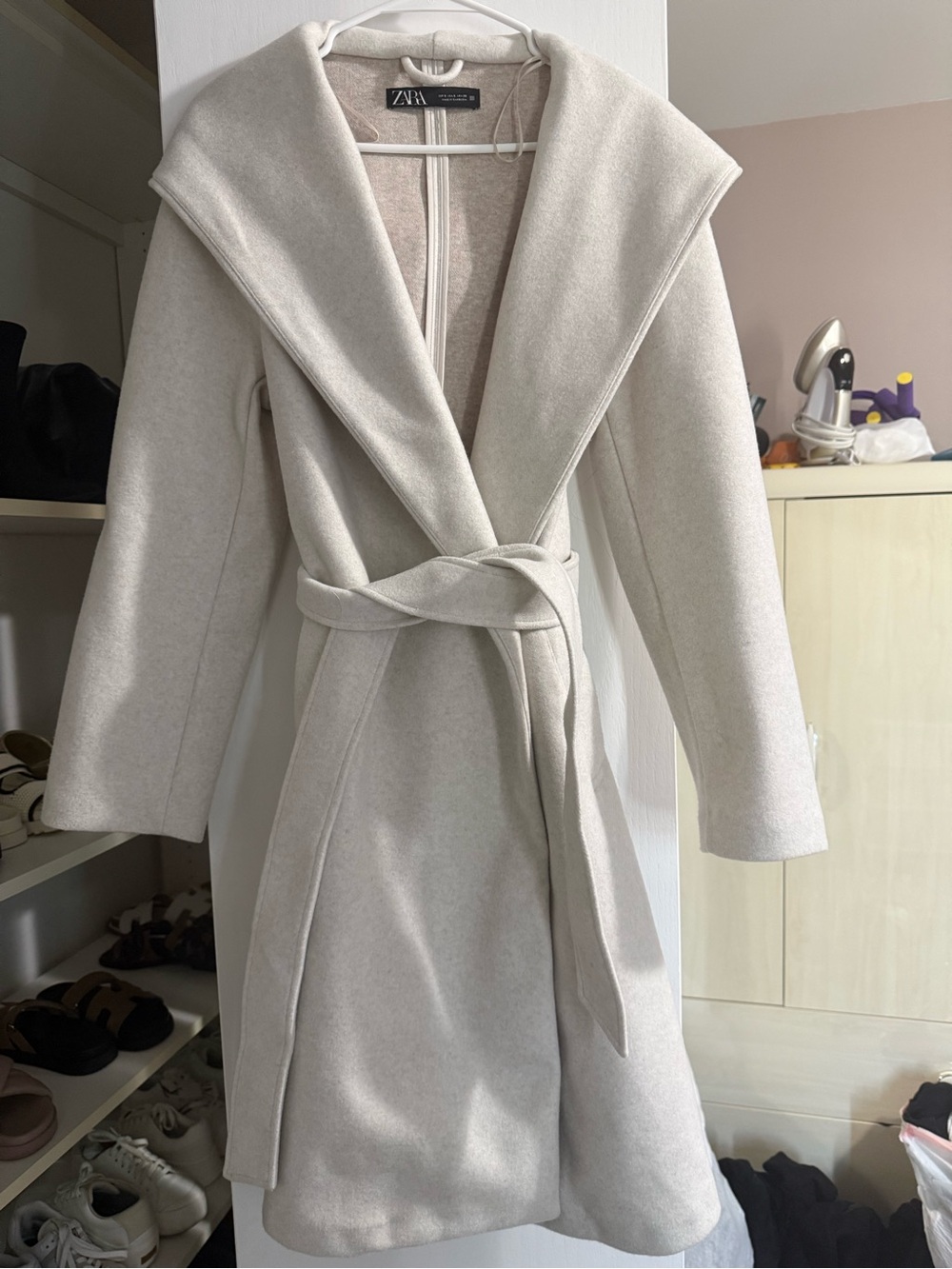 ZARA Cream Hooded Wrap Coat with Self-Tie Belt